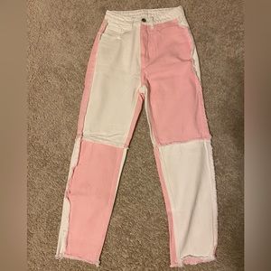 Light Pink & White Color Block Jeans